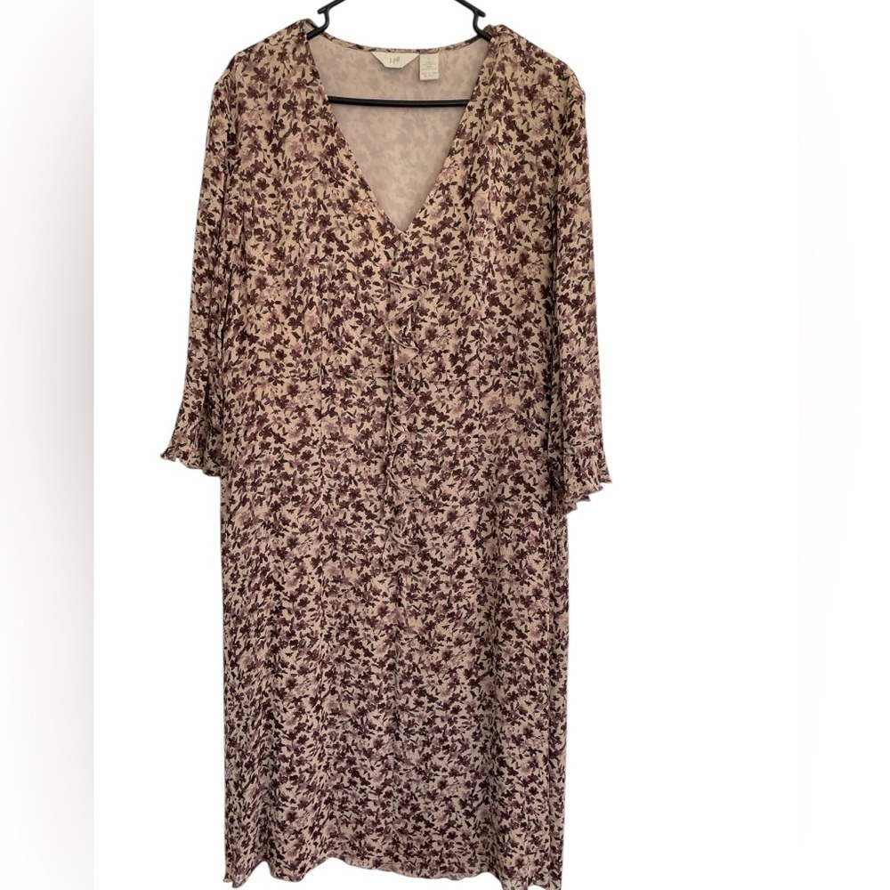 J. Jill Long Sleeve Dress Burgundy and Beige floral on neutral background size L - Picture 2 of 9
